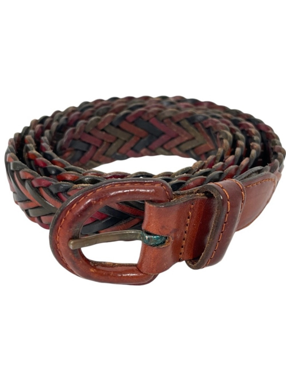 Vintage Woven Leather Belt Two Tone Brown Black Leather Bound Buckle Men 42
